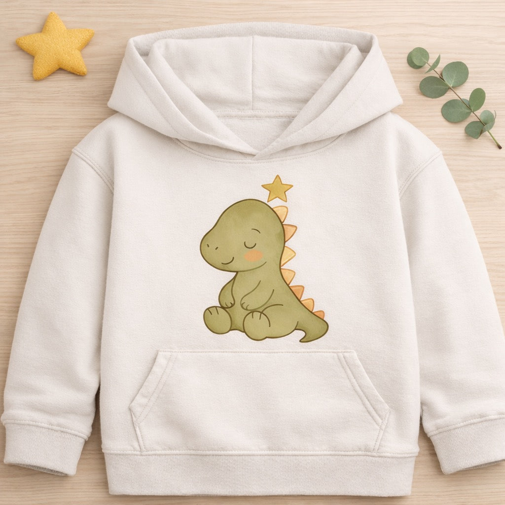 Kinder-Bio-Hoodie in Off-White mit süßem Dino und Stern im Scandi-Stil, flach auf hellem Holztisch mit kleinem Holzstern und Eukalyptuszweig, Zauberkekse® Kollektion „Bio-Hoodies“.