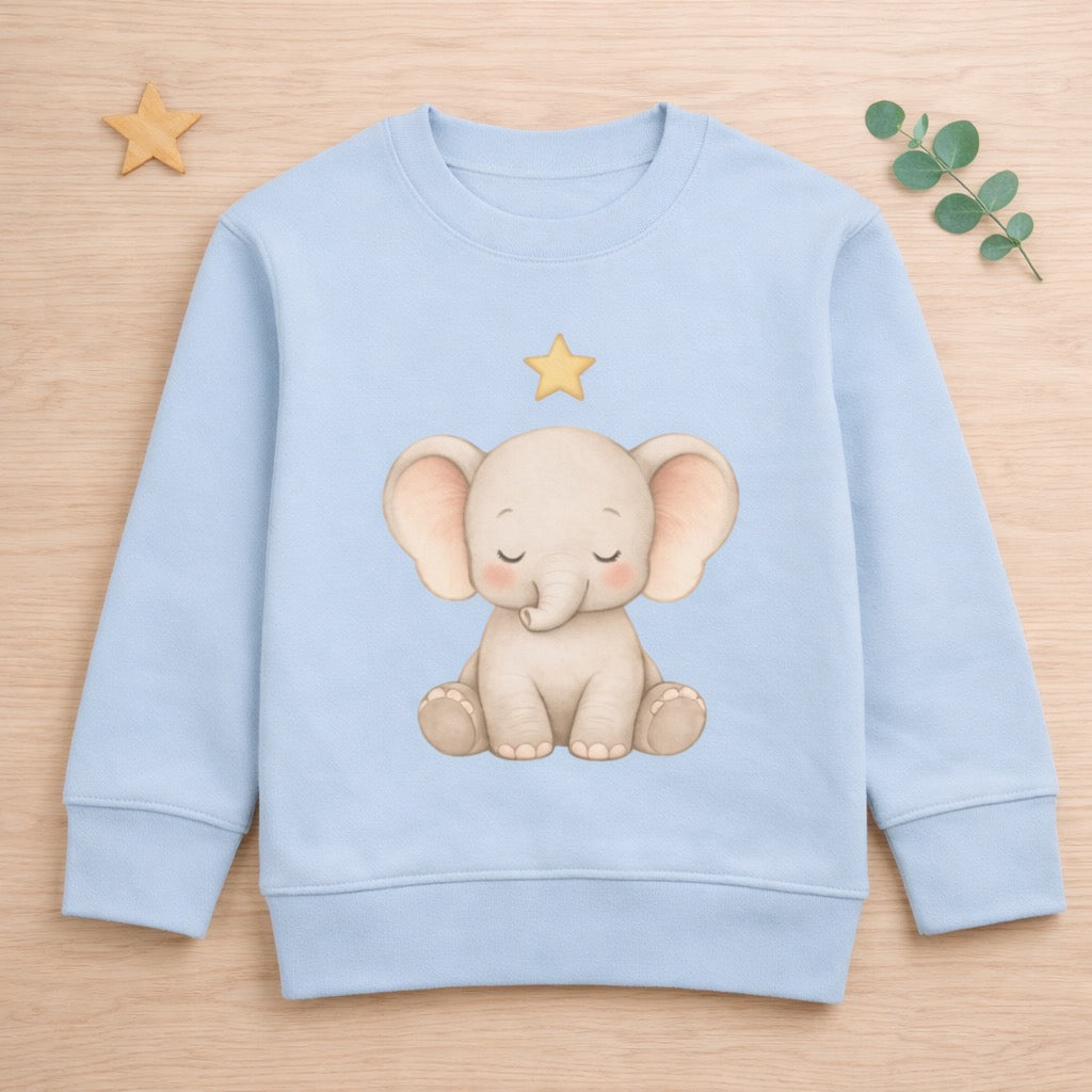 Kinder-Bio-Pullover in Hellblau mit süßem Elefanten und Stern im Scandi-Stil, flach auf hellem Holztisch mit kleinem Holzstern und Eukalyptuszweig, Zauberkekse® Kollektion „Bio-Pullover“