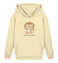 Vanillefarbener Zauberkekse® Bio Kinderhoodie mit süßem Scandi-Löwen und Schriftzug „Du bist mutig.“ auf der Vorderseite.