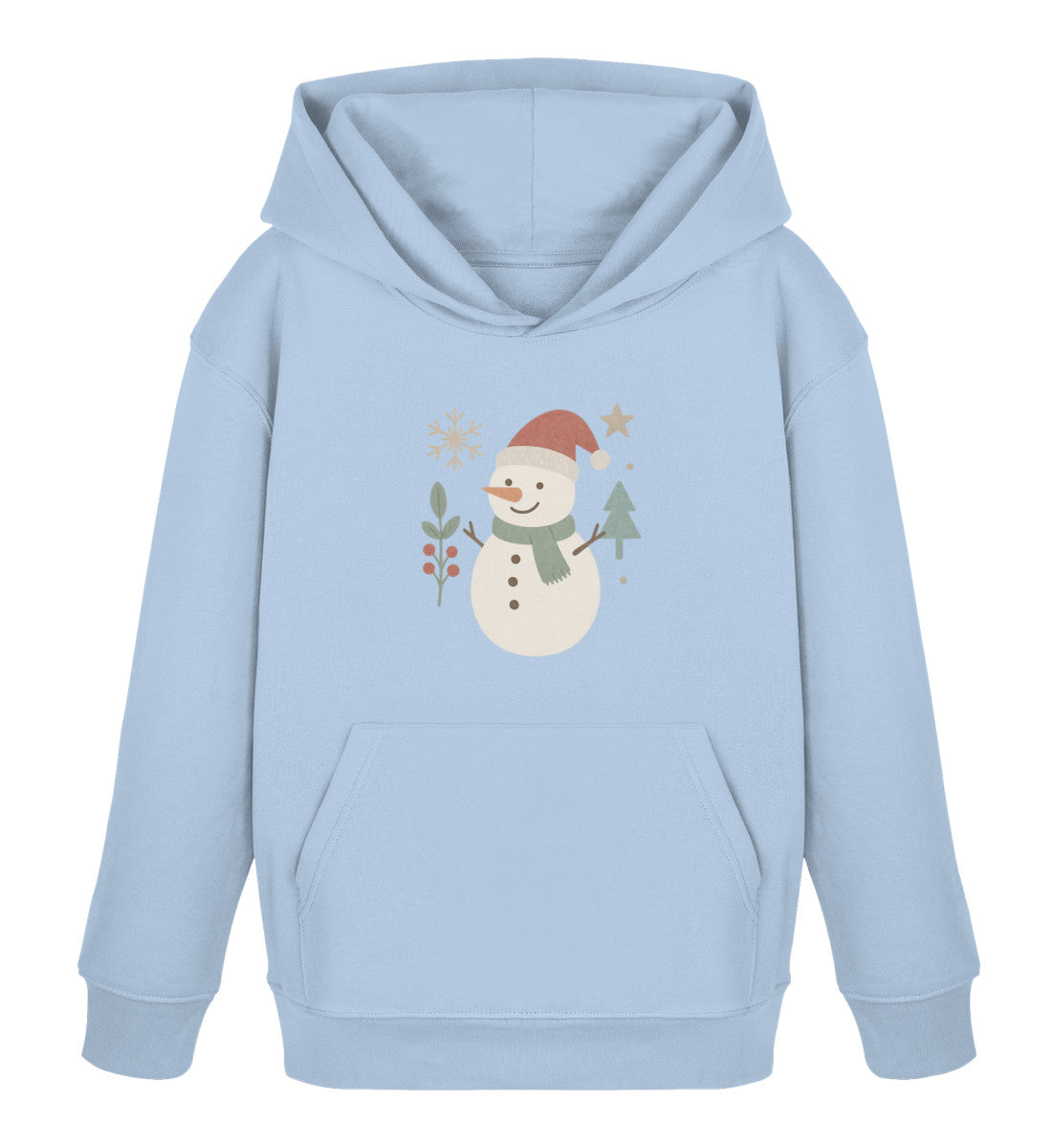 Hellblauer Zauberkekse® Bio Kinderhoodie mit Scandi-Schneemann, Tanne und kleinen Wintersternen auf der Vorderseite.