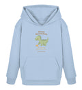 Hellblauer Kinder-Bio-Hoodie mit lächelndem Scandi-Dino und Schriftzug „Kleiner Riesenschritt“ auf der Vorderseite.