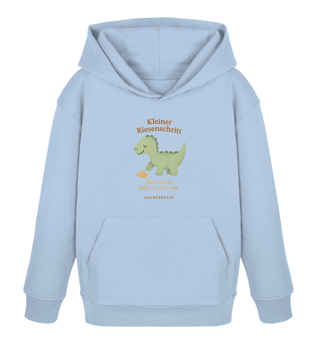 Hellblauer Kinder-Bio-Hoodie mit lächelndem Scandi-Dino und Schriftzug „Kleiner Riesenschritt“ auf der Vorderseite.