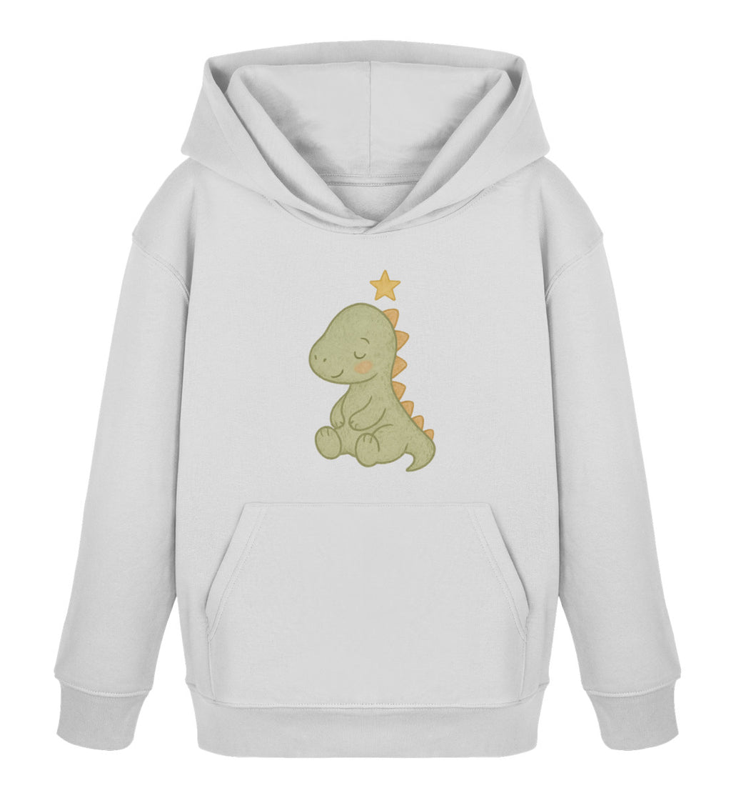 Hellgrauer Kinder Hoodie mit zartem skandinavischen Sleepy Dino Aquarellmotiv und kleinem Stern auf der Brust