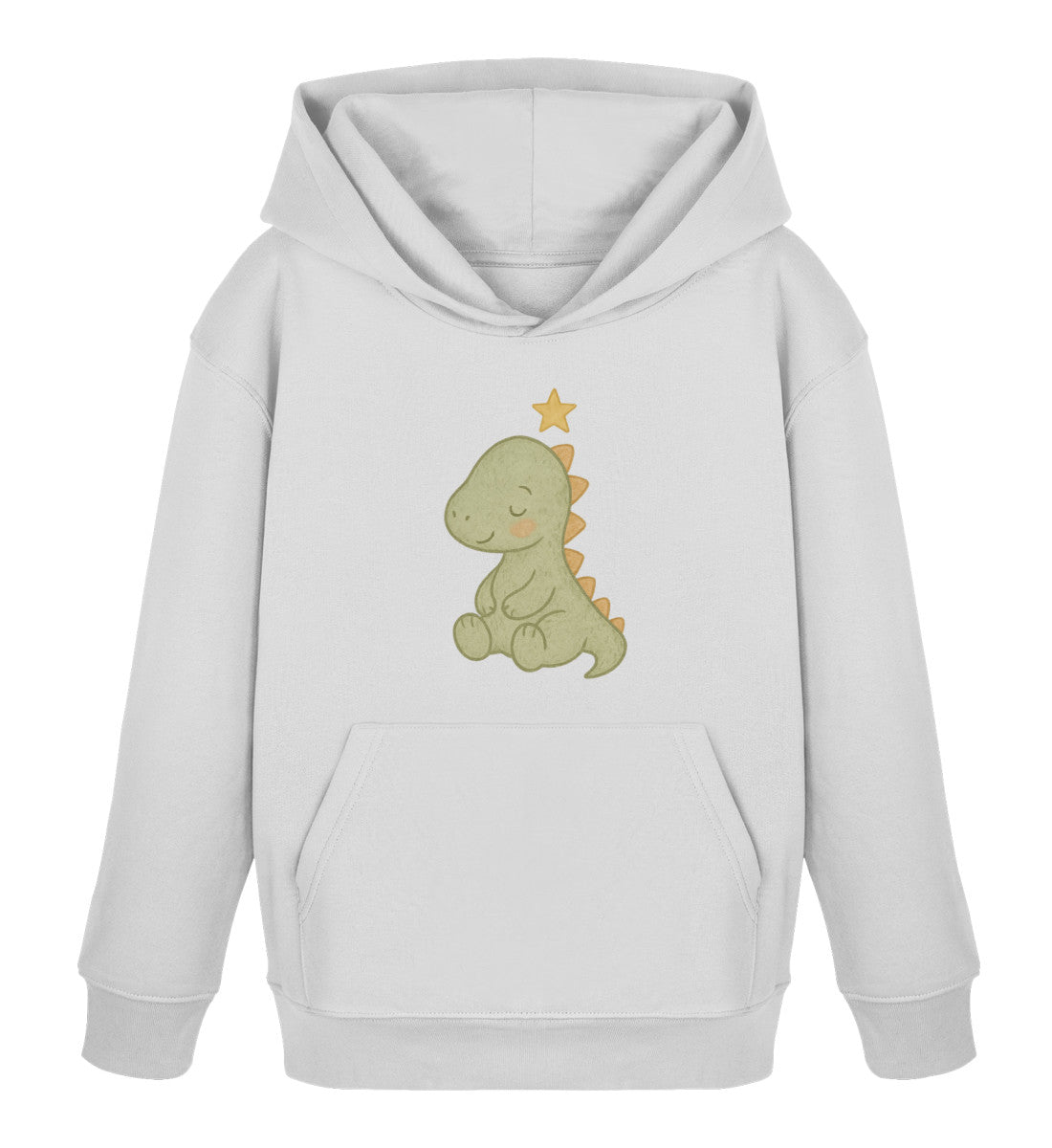 Hellgrauer Kinder Hoodie mit zartem skandinavischen Sleepy Dino Aquarellmotiv und kleinem Stern auf der Brust