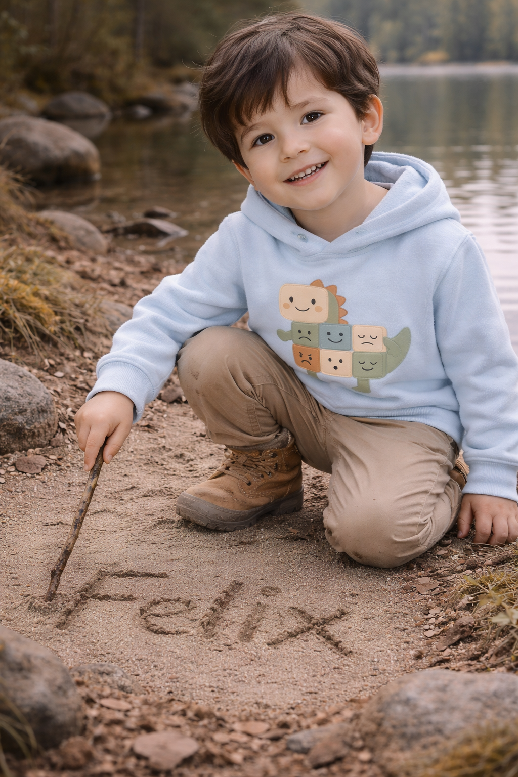 Kleiner Junge kniet am ruhigen Seeufer im Wald, trägt einen hellblauen Zauberkekse Bio Hoodie mit Scandi Dino aus Emotionswürfeln auf der Brust und schreibt seinen Vornamen mit einem Stock in den Sand.