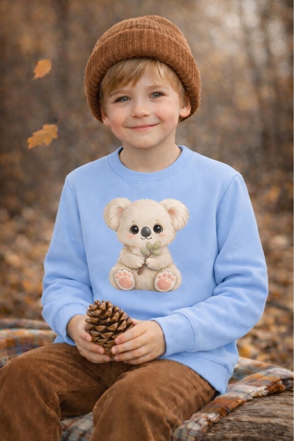 7 jähriger Junge mit braunen Haaren und braunen Augen trägt einen hellblauen Kinder-Pullover mit süßem Koala-Motiv.