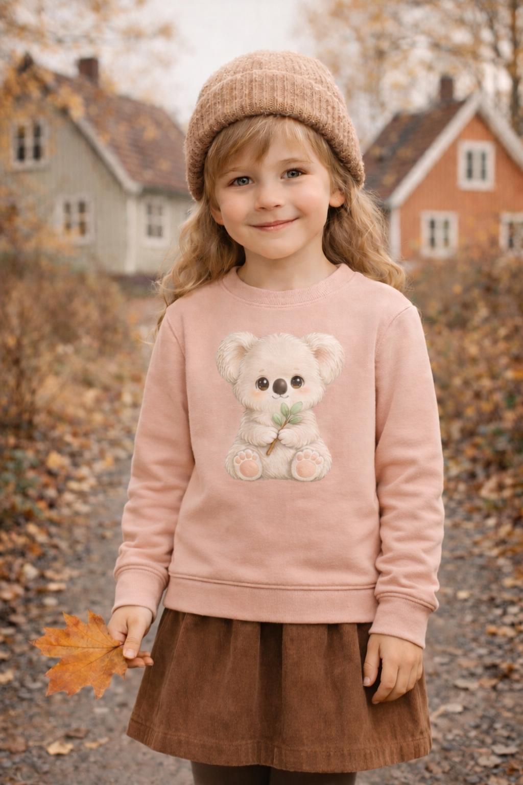 7 jähriges Mädchen trägt einen apricot farbenden Kinder-Pullover mit süßem Koala-Motiv.
