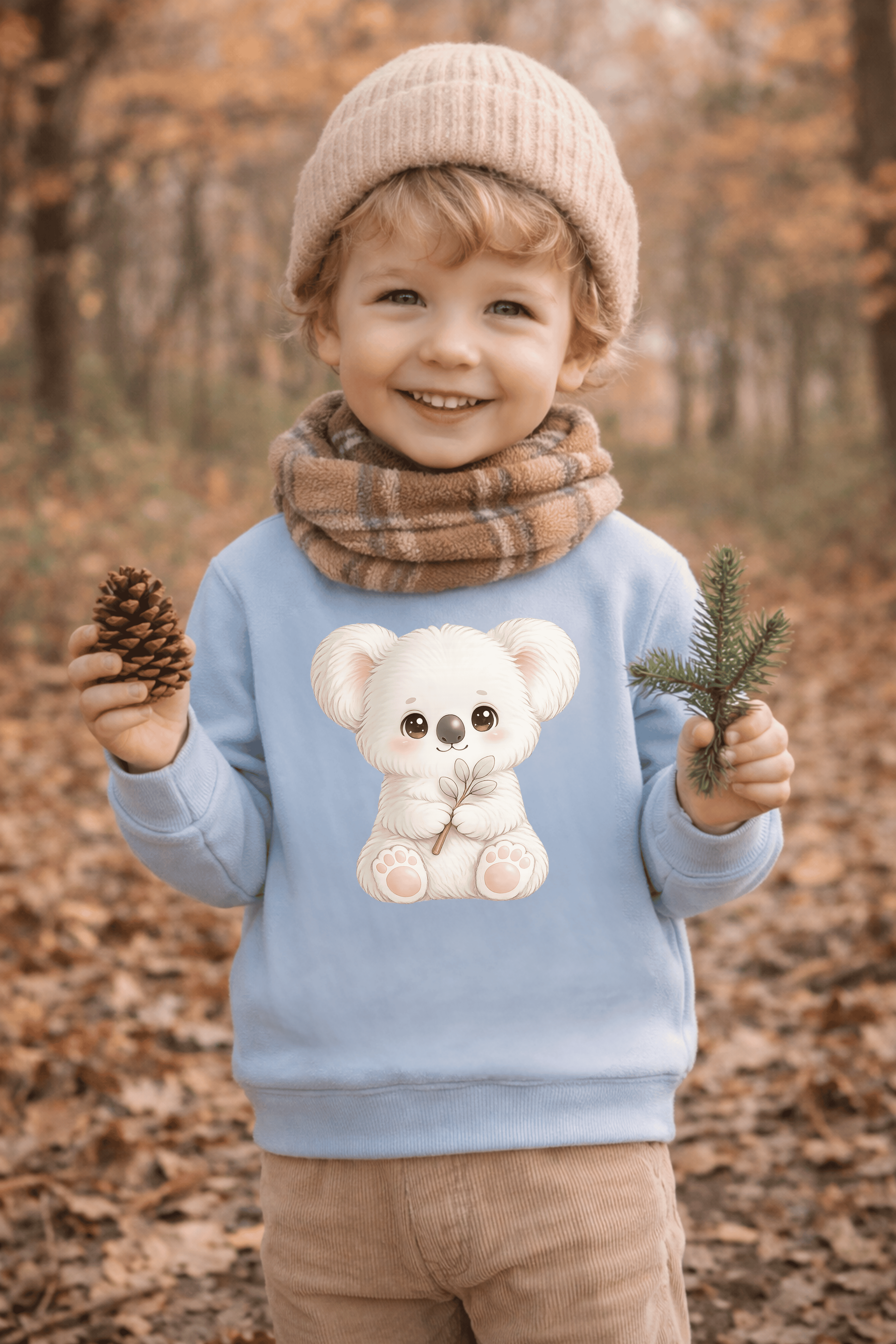 Süßer fünfjähriger Junge im herbstlichen Wald trägt einen hellblauen Bio-Kinderpullover mit niedlichem Scandi-Koala-Motiv.