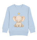 Hellblauer Kinderpullover mit schlafendem Baby-Elefanten und kleinem Stern in zarten Pastellfarben.