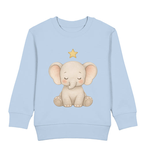 Hellblauer Kinderpullover mit schlafendem Baby-Elefanten und kleinem Stern in zarten Pastellfarben.