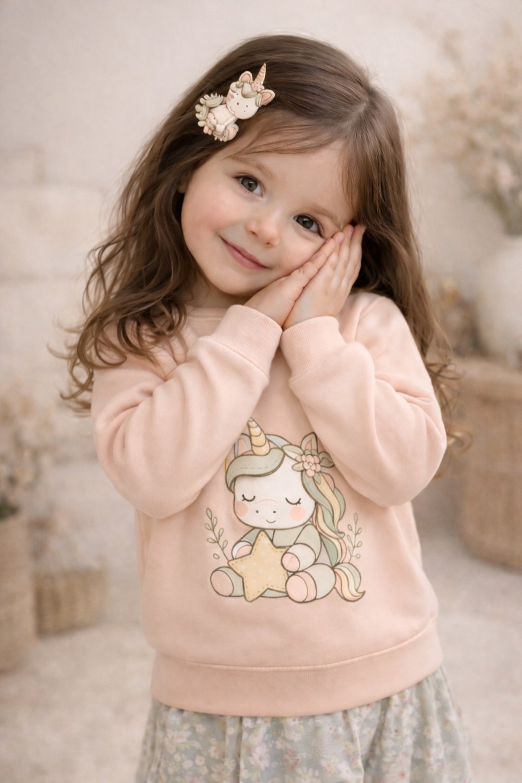 Süßes Kind im pfirsichfarbenen Zauberkekse® Bio-Pullover mit schlafendem Einhorn und Stern in Pastellfarben