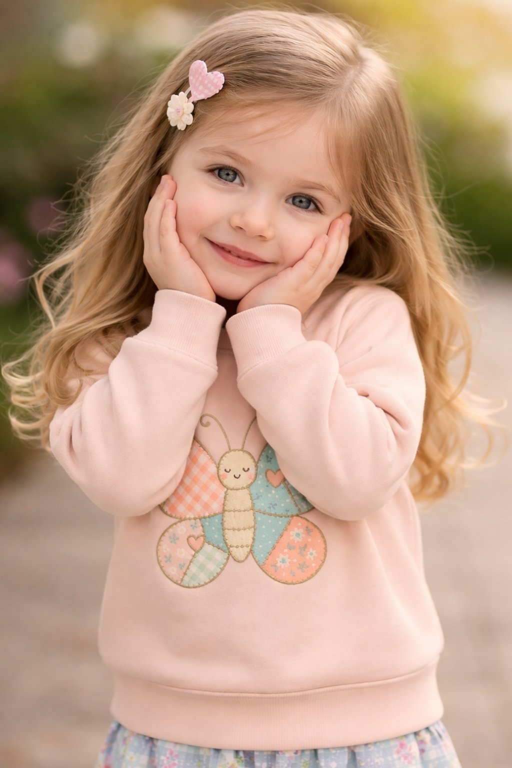 Kinderpullover in Pastell mit Patchwork-Schmetterling im Scandi-Stil