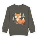 Scandi Kinder Pullover mit schlafendem Fuchs im Wald – ruhiges Naturmotiv in warmen Erdtönen