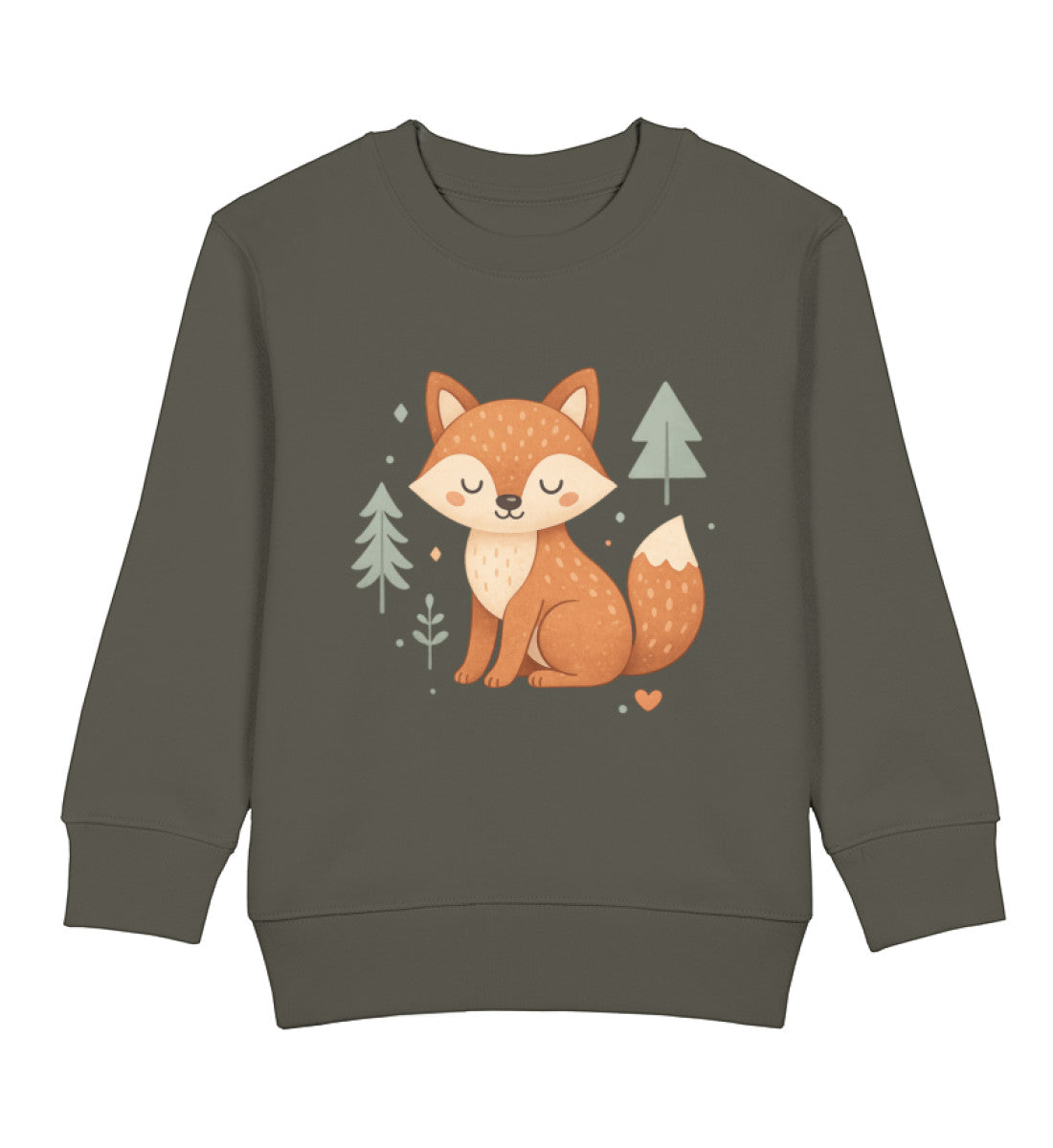 Scandi Kinder Pullover mit schlafendem Fuchs im Wald – ruhiges Naturmotiv in warmen Erdtönen
