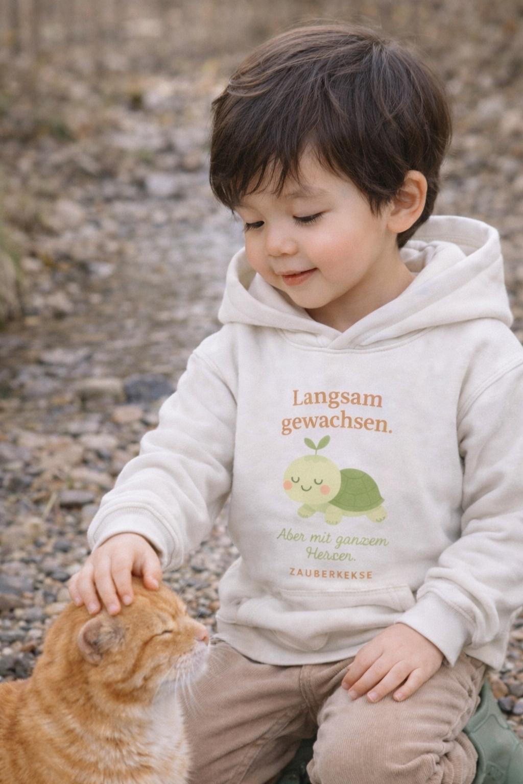 Kleiner Junge im Wald sitzt auf dem Boden, trägt einen cremefarbenen Zauberkekse® Bio Hoodie mit Schneckenmotiv und Schriftzug „Langsam gewachsen. Aber mit ganzem Herzen.“ und streichelt eine rote Katze.