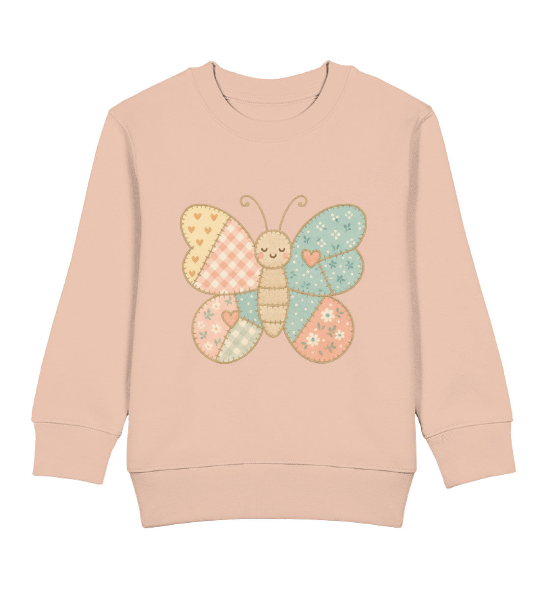 Kinder Pullover in Rosé mit Patchwork-Schmetterling in Pastellfarben auf der Brust, Scandi-Stil für Mädchen