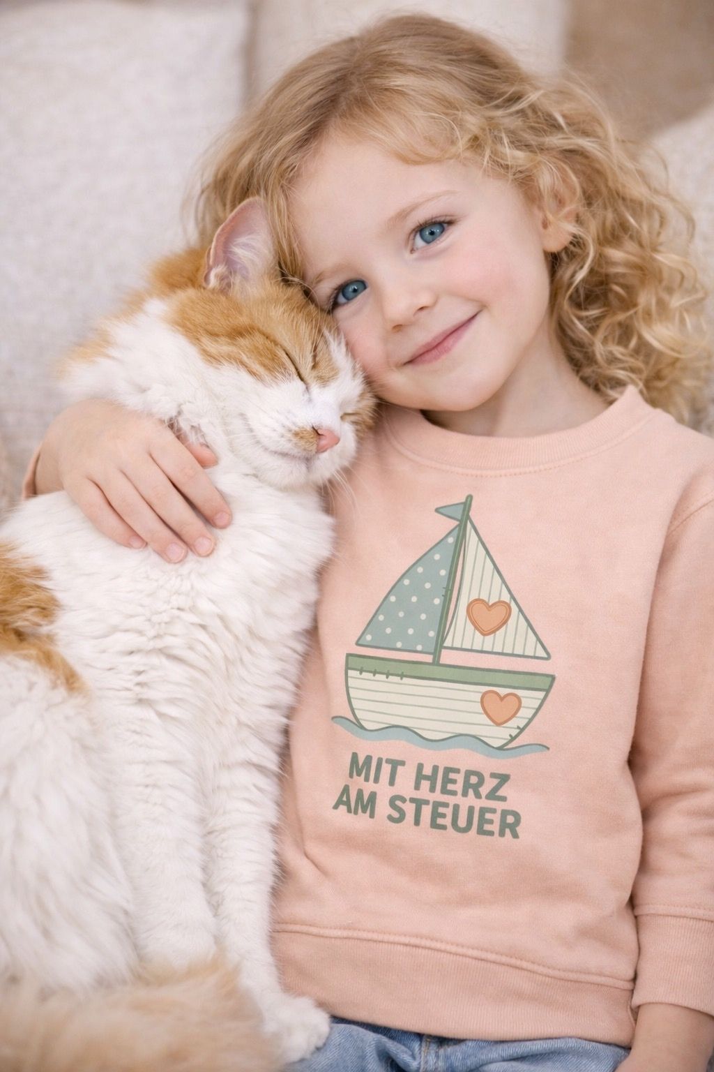 Mädchen kuschelt mit einer Katze und trägt einen pastellfarbenen Segelboot-Pullover mit der Aufschrift „Mit Herz am Steuer“