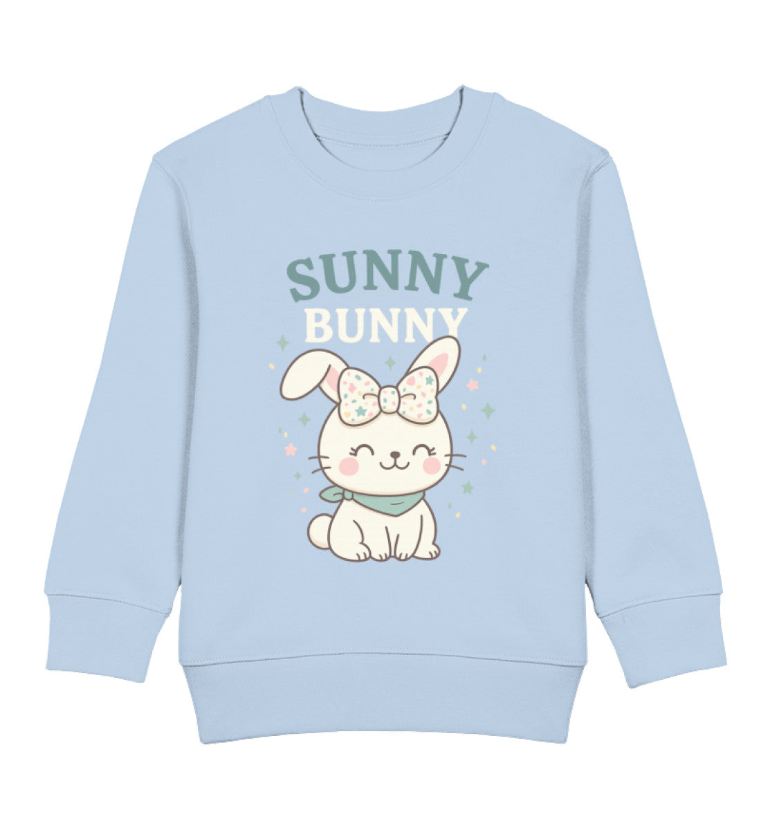 Hellblauer Kinder Pullover mit pastellfarbenem Häschen-Charakter und Schriftzug SUNNY BUNNY, süßes Scandi-Design von Zauberkekse®