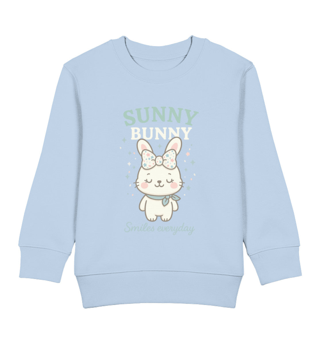 Pastell Kinder Pullover mit Häschen „Sunny Bunny – Smiles everyday“, Sterne und Schleife – Zauberkekse® Bio-Baumwolle Sweater für Kinder.