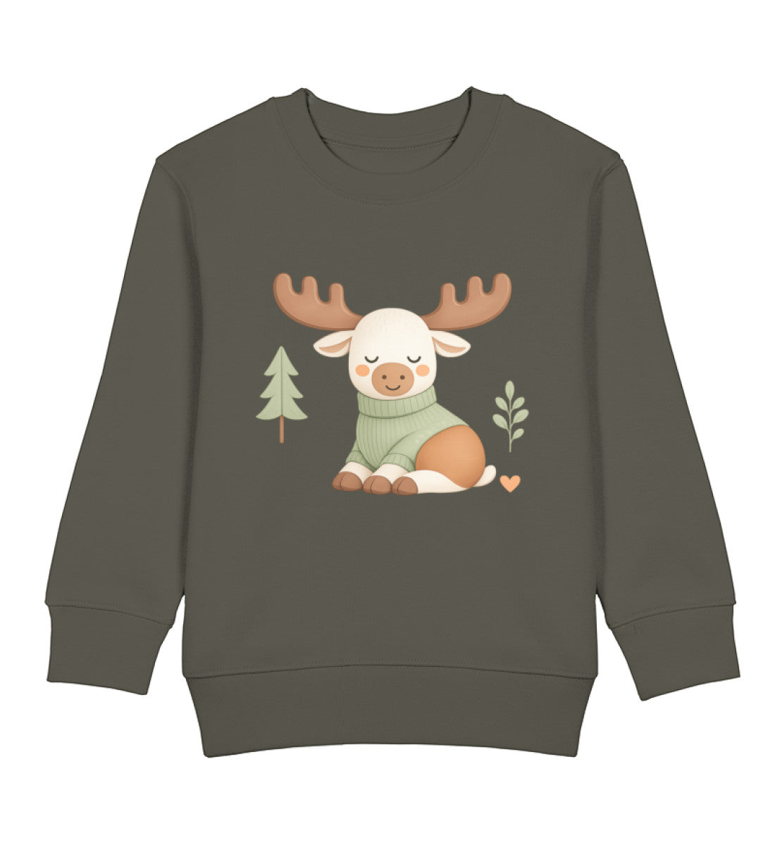 Zauberkekse® Bio Kinderpullover mit süßem Scandi-Elch im grünen Winterpulli in sanften Naturfarben – minimalistisches nordisches Kindermotiv