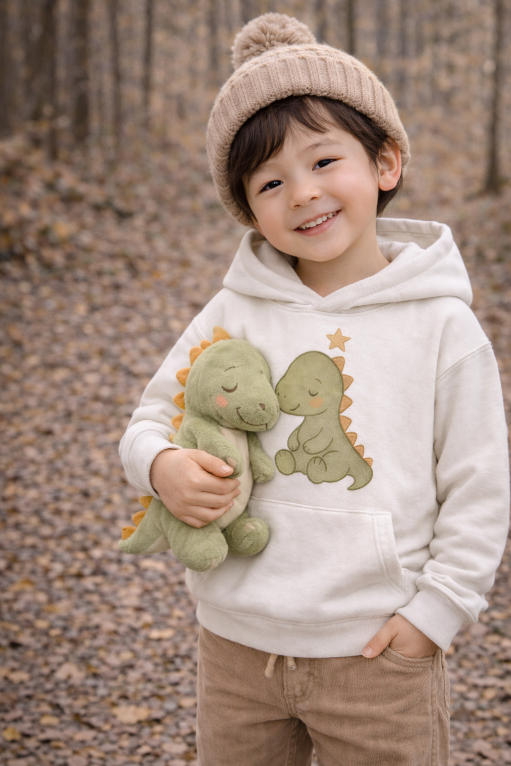 Kind steht im Herbstwald und trägt einen hellen Zauberkekse Soft Souls Sleepy Dino Hoodie mit zartem Aquarell Dino Motiv