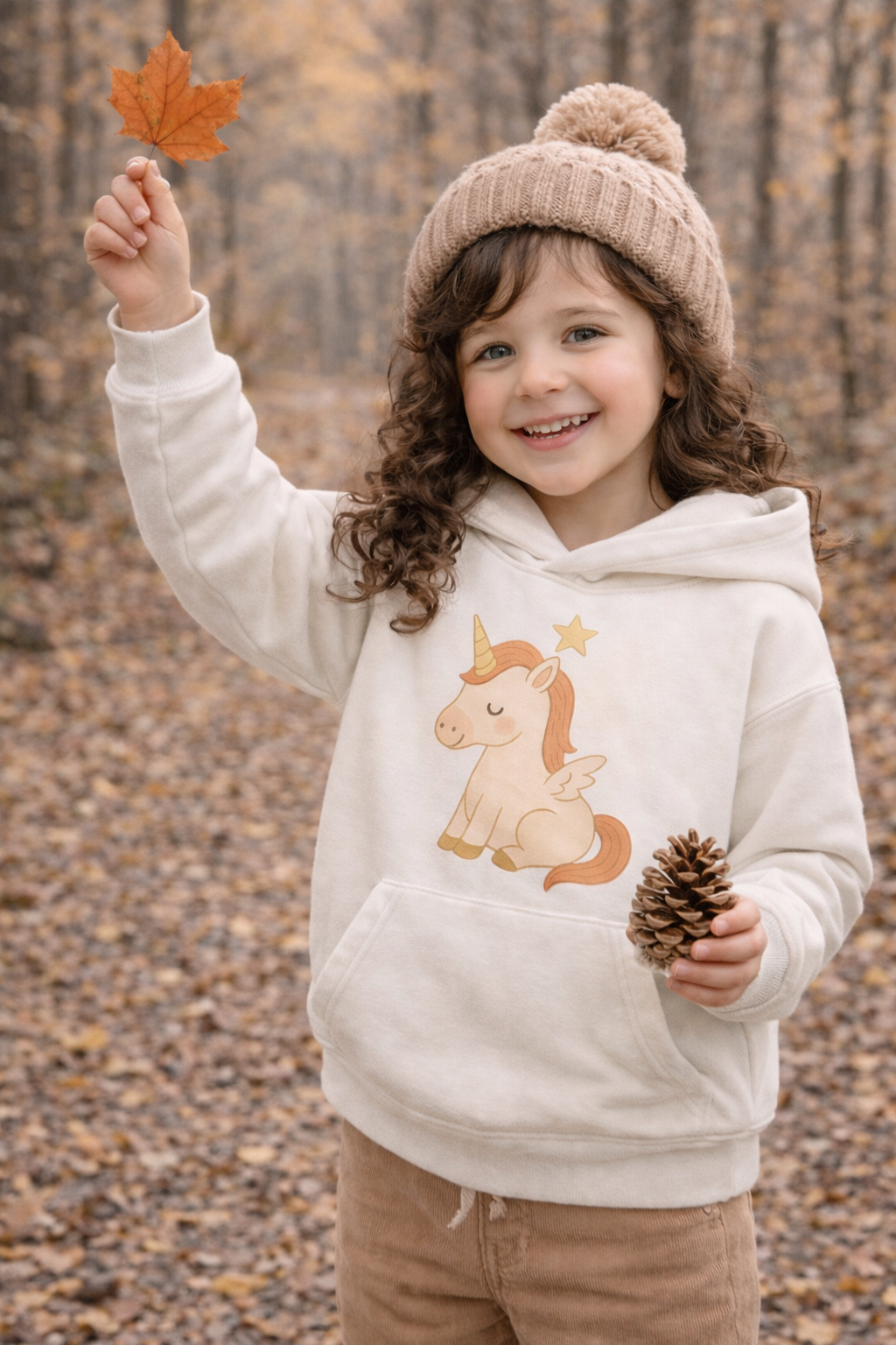 Mädchen steht im herbstlichen Wald und trägt einen cremefarbenen Zauberkekse® Bio Hoodie mit zartem Scandi-Einhorn und Sternen auf der Vorderseite.