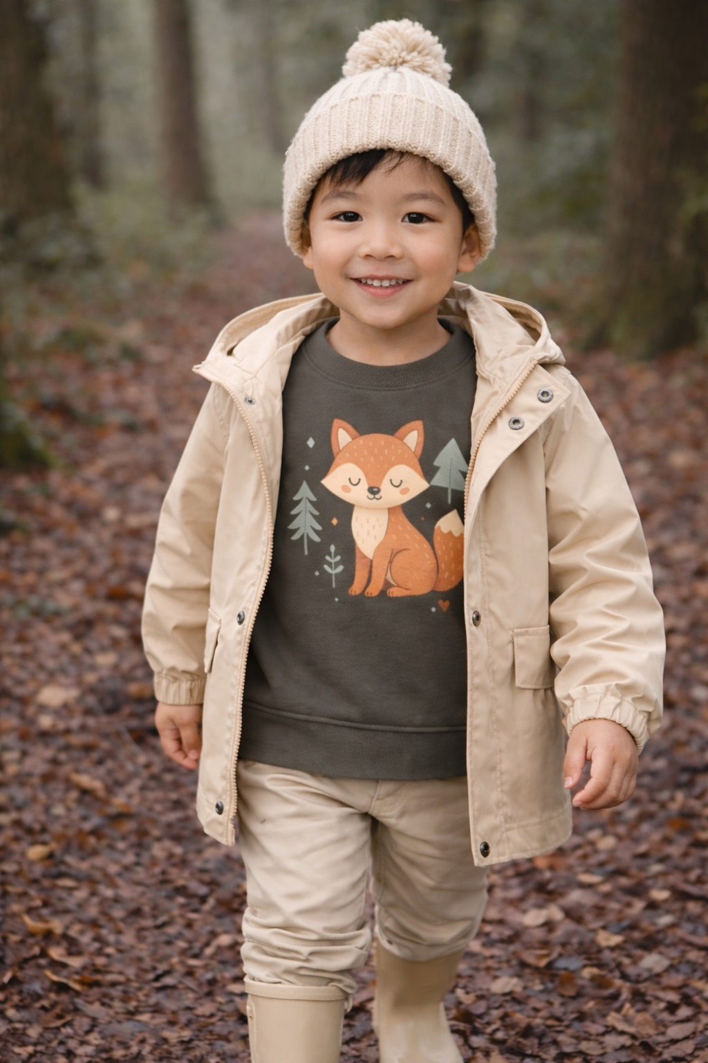 Junge läuft durch den Wald und trägt einen Waldfuchs-Kinderpullover in Naturtönen