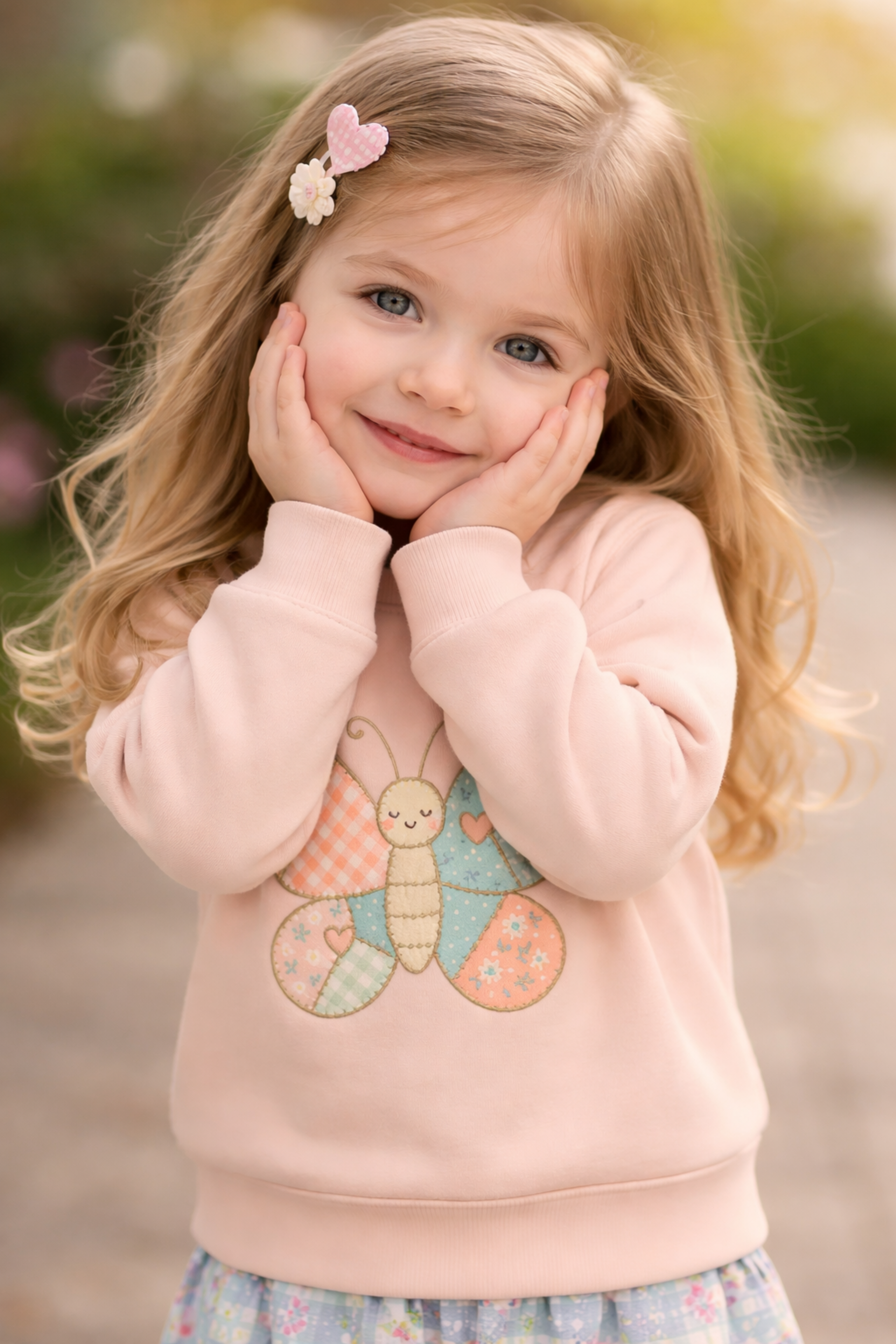 Kinderpullover in Pastell mit Patchwork-Schmetterling im Scandi-Stil