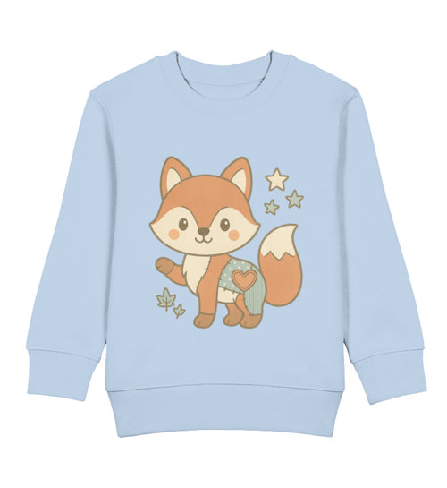 Hellblauer Kinder Sweater mit süßem Scandi-Fuchs, Herz-Patch und Sternen – Zauberkekse® Herzensfuchs Pullover aus Bio-Baumwolle.