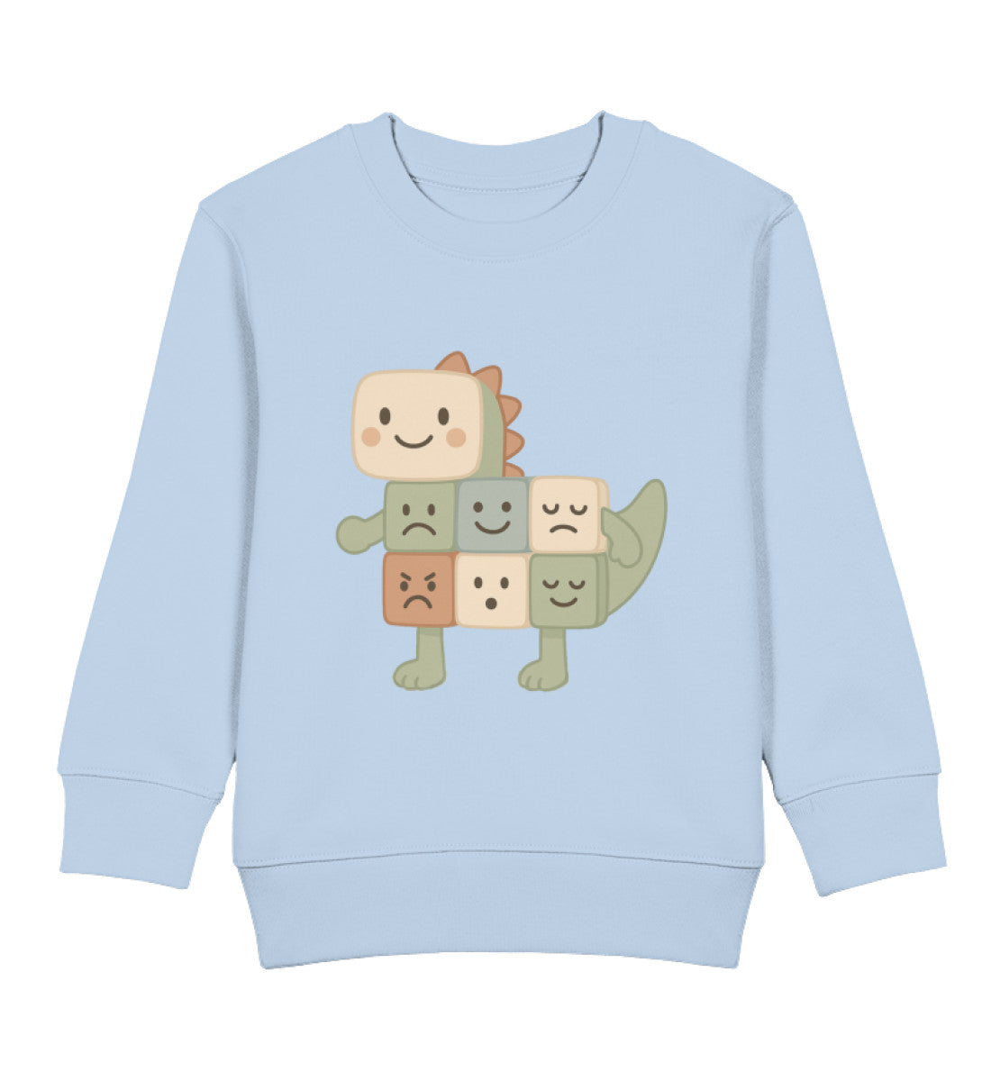 Multi-Mood Dino Kinderpullover mit Scandi Pastell Emo-Würfeln – freundliches Statement-Design